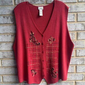 KORET Vintage Sleeveless V-Neck Paisley Embroidered Button Front Sweater Size 1X